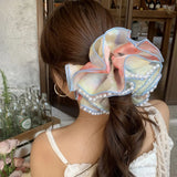 Daiiibabyyy  Girl's Scrunchies Korean Version Rainbow Pearl Large Hair Band Sweet Style Hair Tie Pleated Twisted Hair Band Bow Cute Hair Clip
