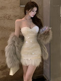 DAIIIBABYYY  -  Sexy Glitter Stunning Sequined Pencil Party Dress Women Fashion Strapless Feather Hem Short Dress Lace Up Back Bodycon Dress