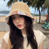 DAIIIBABYYY  -  Korean Fashion Contrasting Color Flanged Bucket Hats Women Summer Travel Versatile Sunscreen Breathable Woven Basin Caps