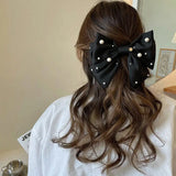 DAIIIBABYYY  -  New Women Girls Sweet Pearl Satin Bowknot Hair Clip Big Ribbon Bow Barrette Solid Color Scarf Hairpin Grip Ponytail Clip