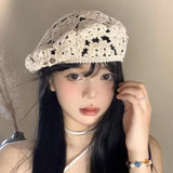Daiiibabyyy  Hand-knitted Beret Female Japanese Hollow Out Hat Street Women Trendy Hat Literary Retro Fashionable Painter Hat