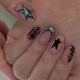 Daiiibabyyy  24Pcs Short Almond Fake Nail Leopard Print Edge French Design Full Cover Nails Tips Star Pattern Detachable Press on False Nails