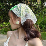Daiiibabyyy Korean Sweet Turban Cap Summer Lace Triangle Headscarf for Woman Girls Headwear Scarf Headband Hair Accessories