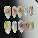 Daiiibabyyy  24pcs Wearable Press on Nails Sets Blue Mid-length Almond False Nail with Leaves Pearl Starlight Design Fake Nail Tips Manicure