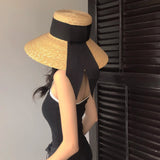 Daiiibabyyy  Summer Seaside Big Brim Straw Hat Women's Vacation Beach Sun Hats Bow Ribbon Wide Brim Wheat Straw Flat Top Boater Hat