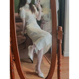 DAIIIBABYYY  -  Chinese Qipao Summer White Rose Improved Cheongsam Elegant Women Jacquard High Waist Daily Qipao Party Dress Women