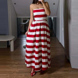 Daiiibabyyy  Striped Print Fashion Summer Long Dress Sexy Strapless Waist Pleated Holiday Dress Women Elegant Sleeveless Pocket Party Dresses