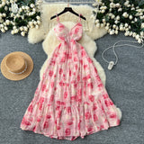 DAIIIBABYYY  -  Elegant V-neck Vintage Sleeveless Chic Print Slim Chiffon Straps Dresses French Fashion Evening High Street Summer Sexy Clothing