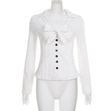 Daiiibabyyy  New Pure Desire Sexy Polka Dot Printed Bow Tie Button Down Shirt Casual Slimming Long Sleeved Top Women