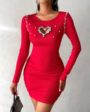 DAIIIBABYYY  -  Dresses for Women New Diamond Pearl Hollow Heart Beaded Ribbed Bodycon Dress Knitted Puff Long Sleeve O-Neck Dress