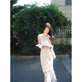 DAIIIBABYYY  -  Long Dress Lace Hollow Out Halter Off Shoulder Dresses Vintage French Style Hot Girls Sleeveless Skirts Sexy Female Clothing