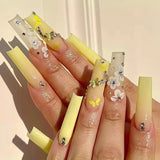 Daiiibabyyy 24Pcs Wearable Press on Nails Long Coffin Ballet False Nails Gradient White Flower Design Fake Nails with Rhinestone Nail Tips