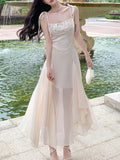DAIIIBABYYY  -  Women Sleeveless Spaghetti Strap Solid Midi Dress Summer Elegant Slim Gauze Sweet Cute Fairy Korean Dresses
