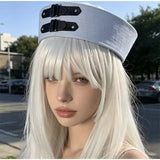 Daiiibabyyy  Y2K Vintage Black Sailor Hat for Women PU Leather Chain Sweet Captain Cap Buckle Hat Versatile Beret for Seaside Festival Photos