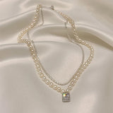 Daiiibabyyy  Vintage Shiny Cubic Zircon Square Pendant Necklace for Women Elegant Imitation Pearl Necklace Sweater Chain Party Jewelry Gifts