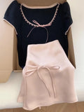 DAIIIBABYYY  -  Sweet Girl Suit Women's Summer Pink High-waisted Lace-up Skirt Black Short Knitwear Two-piece Set Fashion Female Clothes