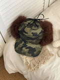 Daiiibabyyy  American Y2k Camouflage Imitation Fur Plush Men Baseball Cap Winter Outdoor Thermal Lace-up Ear Protector Women Bomber Hats