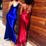 Daiiibabyyy  Sexy Champagne Bodycon Club Wear Female Party Robe Summer Women Backless Satin Long Dress