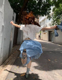 Daiiibabyyy  Streetwear Floral Midi Skirt Women Fashion Ruffles Asymmetrical Skirts Summer Ladies Elegant Korean Blue Design A Line Faldas
