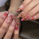 Daiiibabyyy  24Pcs French White Gradient Almond Press on Nails Flower Pattern False Nails with 3D Rhinestone Design Fake Nail Art