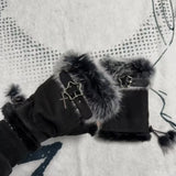 Daiiibabyyy  Winter Rabbit Fur Half Finger Sexy Leopard Gloves Fur Suede Adjustable Design Fingerless Y2K Gloves Padded Thickened Outdoor