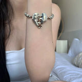 Daiiibabyyy  Punk Silver Color Spliced Heart Bracelet for Women Men Simple Adjustable Metal Bead Rope Chain Bracelet Couple Jewelry Gift New