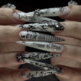 Daiiibabyyy  24Pcs French White Gradient Almond Press on Nails Flower Pattern False Nails with 3D Rhinestone Design Fake Nail Art