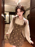 Daiiibabyyy  New French Elegant Fashion Party Dresses Women Print Design Long Sleeve Y2k Dresses Japanese Chic Fake 2 Piece Set Evening Dress