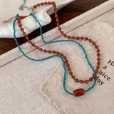 DAIIIBABYYY  -  Retro Red Blue Contrast Colorful Natural Stone Cubes Beaded Necklace Set Women Beads Strand Chokers Aesthetic Jewelry Wholesale