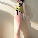 Daiiibabyyy  Strawberry Splicing Color Contrasting Knitted Dress for Women Summer, High Waist, Slimming  Design, Tank Top Skirt