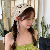 Daiiibabyyy  Pastoral Style Handmade Knitted Headscarf Hat Triangle Sunshade Crochet Headband Hollowed Flower Headscarf Beach Photography