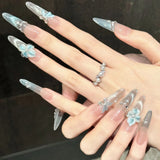 Daiiibabyyy  10pcs Handmade Long Oval Press On Nails Ice Blue 3D Butterfly Flower Design False Nail Tips For Wedding Wearable Fake Nails