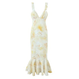 Daiiibabyyy  Sexy Wood ears V neck Light Yellow Floral Print Ruffles Strap Sling Dress Summer Woman Ruffles Hem Midi Dresses Robe Vestidos