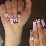 Daiiibabyyy  24Pcs Long Square Head Press on Nails Pink Leopard Print French Design False Nails 3D Bow Detachable Full Cover Fake Nails Tips