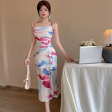 DAIIIBABYYY  -  Summer Boho Print Mesh Chic Ruffled Long Dress Women Elegant Bodycon Sling Sexy Dress 2025 Korean Fashion Luxury One Piece Dress