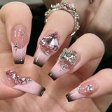Daiiibabyyy 24pcs Rhinestone Design Fake Nails Sparkling Diamond Pink Heart-shaped False Nails Wearable Full Cover Nail Tips Press on Nails