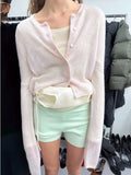 Daiiibabyyy  Lightweight Sheer Knit Cardigan Women Round Neck Single Button Front Long Sleeve Soft Layering Top