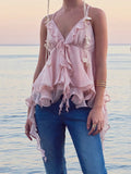 Daiiibabyyy  Y2k Cute Pink Ruffle Chiffon Cami Top Sexy V-neck Vest Tiered Flowy Sleeveless Blouse Summer New Casual Women's Clothing