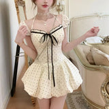 Daiiibabyyy  Summer Sweet Polka Dot Puff Sleeve Dresses Stylish Halter Female Clothing Square Collar French Style Bow Drawstring Mini Dress