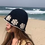 Daiiibabyyy  Crochet Floral Panama Fisherman Bucket Hat Women's Spring Summer Sun Protection Outdoor Travel Breathable Foldable