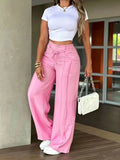 Daiiibabyyy  Women's Pants High Waist Drawstring Trousers Cropped Multi Pocket Wide Leg Pants Pink Black Straight Cut Floor Length Pants