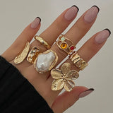 Daiiibabyyy  6Pcs/Set Fashion Imitation Pearl Crystal Stainless Steel Gold Color Ring for Women Engagement Party Gift Temperament Jewelry