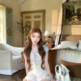Daiiibabyyy  New French Slim Fit Lolita Neta Shirt Coarse Floral Blue Velvet Patchwork Lace Bow Short Sleeved Top Women