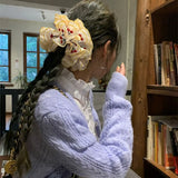 Daiiibabyyy  Flower Shape Embroidery Cherry Lace Scrunchies Hair Tie Ballet Style Embroidered Large Hair Scrunchies Ponytail Holder Hair Ring