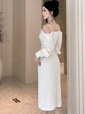 DAIIIBABYYY  -  Autumn Winter White Acetate Satin Chic Sling Sexy Dress Women Long Sleeve Elegant Holiday Dress 2025 Korean Bodycon Party Dress