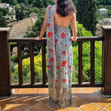Daiiibabyyy  Lady Sexy Sleeveless Hight Waist Bohe Dress Fashion Tassel Decorative Long Dress Elegant Print Scarf Collar Backless Party Dress