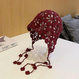 DAIIIBABYYY  -  Handmade Hollow Crochet Hats for Women Knitted Beanies Cap Ethnic Tie Pullover Hat Autumn Winter Breathable Crochet Caps