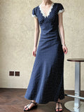 DAIIIBABYYY  -  French Lace Polyester Fiber Patchwork Dress, Summer V-neck, Elegant Polka Dot, Waistband, Slimming Long Skirt