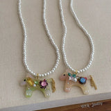 Daiiibabyyy  Cute Candy Color Rhinestones Acrylic Cartoon Horse Pendant Necklaces for Women Simulated Pearl Strand Sweater Chain Choker