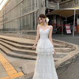 DAIIIBABYYY  -  White Slip Dress Ladies Temperament Patchwork Lace Two-piece Suit Spring Summer 2025 New Elegant Princess Dress Simplicity Suit